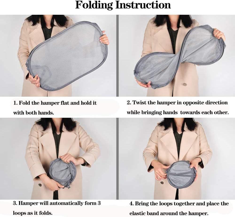 2 Pcs Popup Mesh Laundry Baskets, Collapsible and Portable Clothes Washing Laundry Hampers with Reinforced Carry Handles, Gray Clothes Hamper for Home, Travel, College Dorm