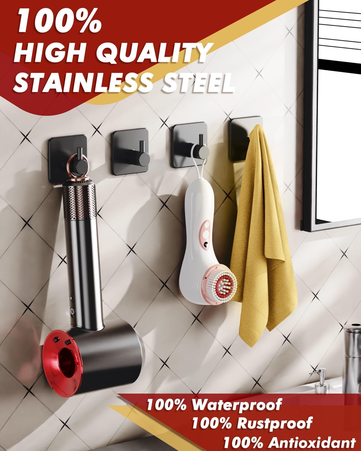 Adhesive Hooks Heavy Duty 22lb(Max) Towel Hooks for Shower, 5 Pack Self Adhesive Damage Free Wall Hooks, Stainless Steel for Coat Robe, Waterproof Oilproof Rustproof for Bathroom Kitchen Office