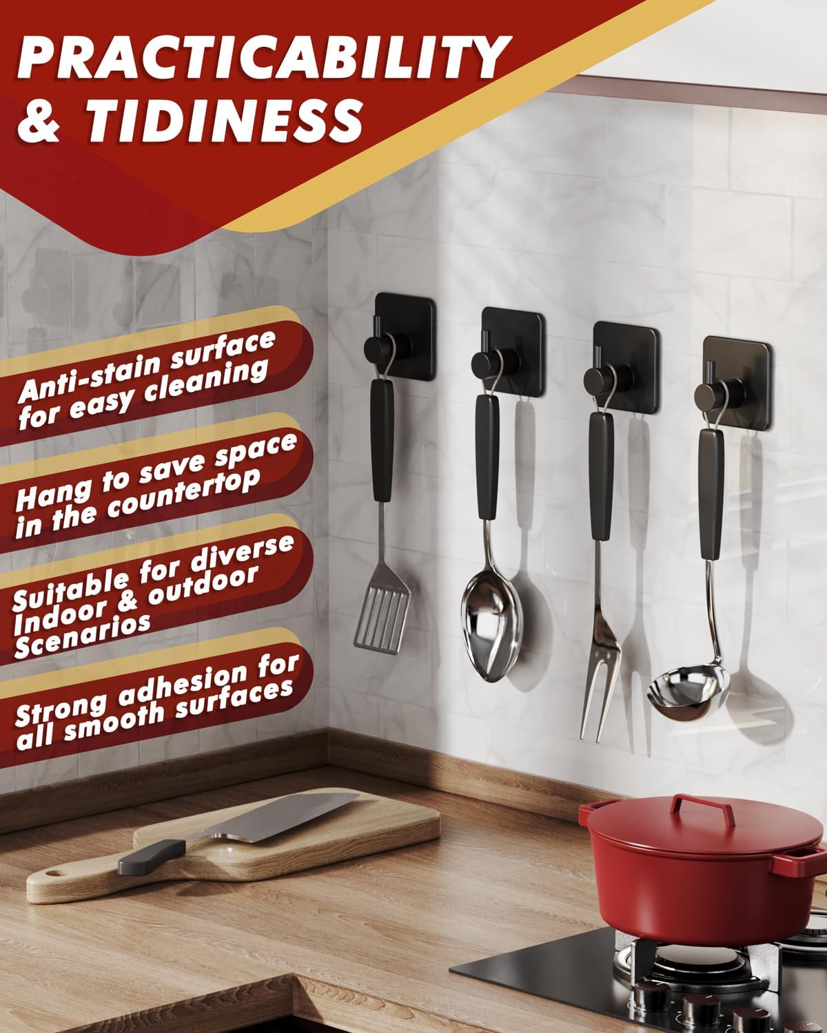 Adhesive Hooks Heavy Duty 22lb(Max) Towel Hooks for Shower, 5 Pack Self Adhesive Damage Free Wall Hooks, Stainless Steel for Coat Robe, Waterproof Oilproof Rustproof for Bathroom Kitchen Office