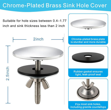 2-Inch Faucet Hole Cover, Sink Hole Cover, Solid Brass Chrome-Plated Kitchen Sink Tap Hole Plate Stopper Cover for Home Kitchen and Bathroom, Kitchen Sink Hole Covers (Silver)