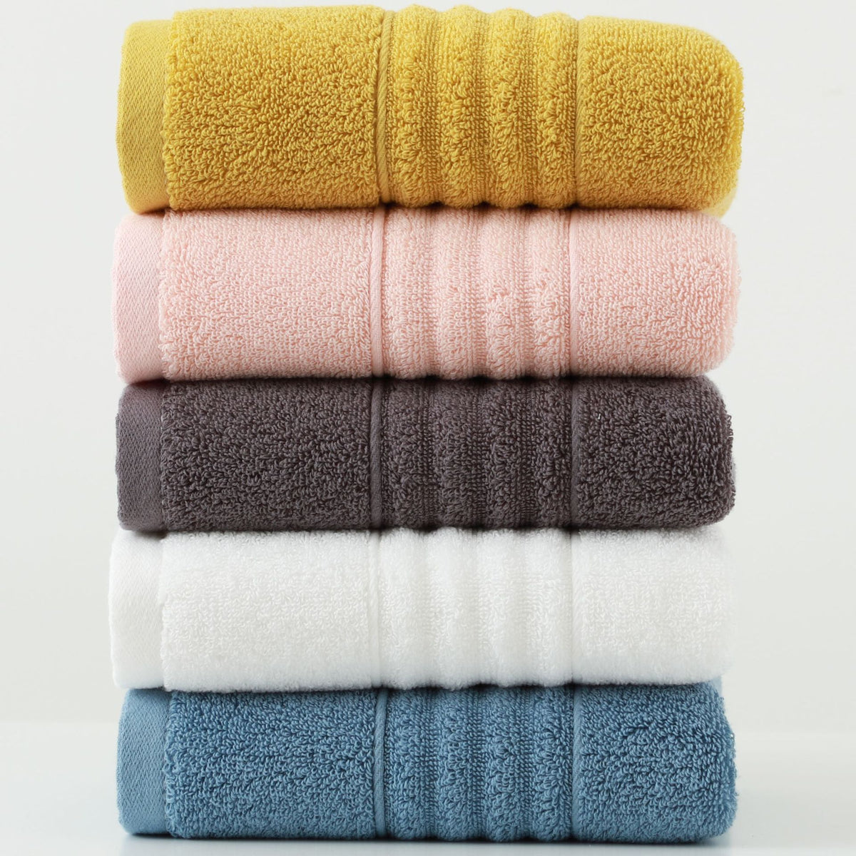 100% Cotton Face Towel 5-Pack - Thick Soft Absorbent Bath Towel for Adults - Jacquard Weave Premium Quality Washcloth - Yellow Pink Brown White Blue