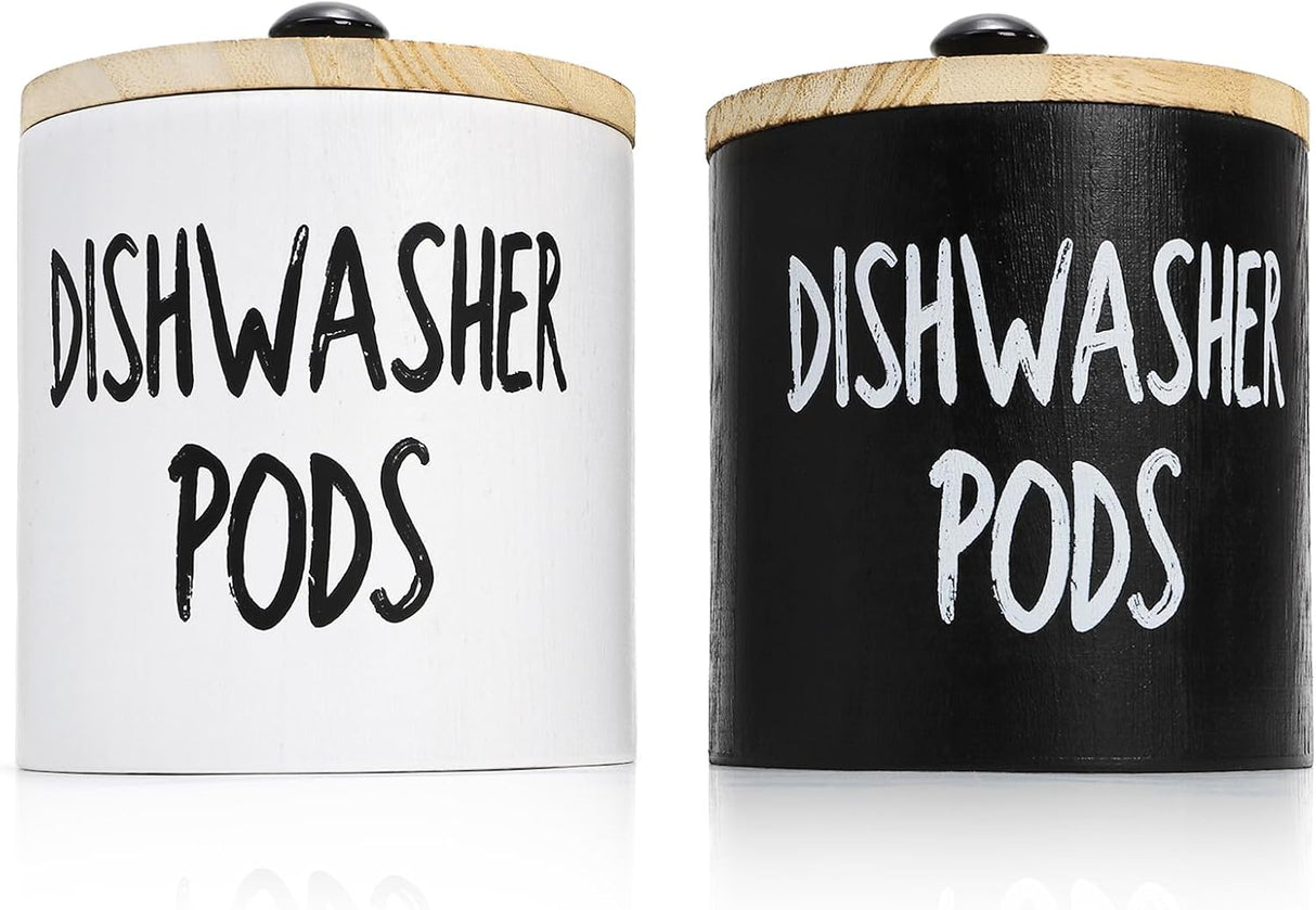 2 Pack Dishwasher Pod Container, Wood Tablet Holder with Lid, Round Laundry Pods Dispenser, Farmhouse Detergent Tin Organizer for Home Kitchen Cabinet Decor, Holds 25 pods