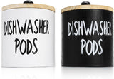 2 Pack Dishwasher Pod Container, Wood Tablet Holder with Lid, Round Laundry Pods Dispenser, Farmhouse Detergent Tin Organizer for Home Kitchen Cabinet Decor, Holds 25 pods