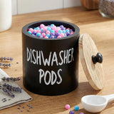 2 Pack Dishwasher Pod Container, Wood Tablet Holder with Lid, Round Laundry Pods Dispenser, Farmhouse Detergent Tin Organizer for Home Kitchen Cabinet Decor, Holds 25 pods
