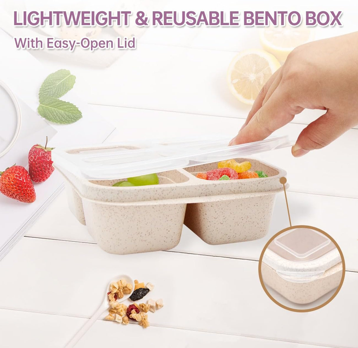 5 Pack Bento Lunch Box，4 Compartment Snack Containers，Divided Bento Snack Box，Meal Prep Lunch Containers, Lunch Box Kids/Toddle/Adults,Food Storage Containers for School, Work and Travel (5 pack)