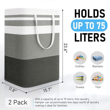 Freestanding Laundry Basket Collapsible Laundry Hamper 2-Pack Large Clothes Storage Bin Foldable Laundry Baskets for Bedroom, Bathroom, Laundry Room