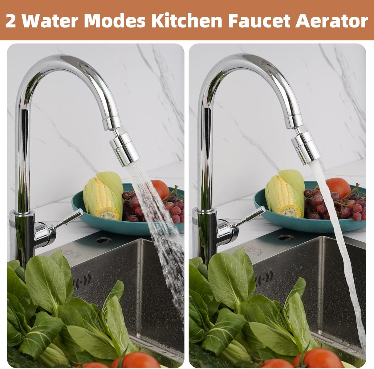 Kitchen Sink Faucet Aerator Solid Brass - Big Angle Swivel Faucet Aerator Dual-Function 2 Sprayer Kitchen Faucet Attachment Swivel Sprayer- 360-Degree Swivel - Polished Chrome/ 1.8GPM