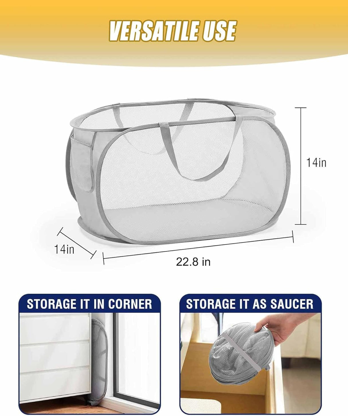Mesh Collapsible Laundry Basket with Pockets and Reinforced Carry Handles, Foldable Dirty Clothes Pop up Laundry Hamper for Dorm Bathroom Bedroom Travel Dorm Camping (1, Grey)