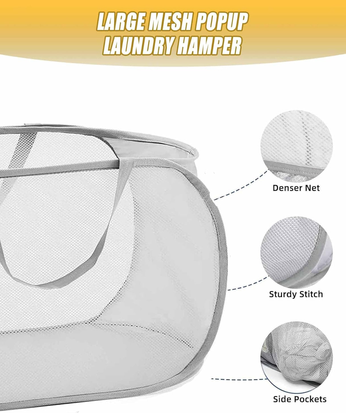 Mesh Collapsible Laundry Basket with Pockets and Reinforced Carry Handles, Foldable Dirty Clothes Pop up Laundry Hamper for Dorm Bathroom Bedroom Travel Dorm Camping (1, Grey)