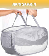 Mesh Collapsible Laundry Basket with Pockets and Reinforced Carry Handles, Foldable Dirty Clothes Pop up Laundry Hamper for Dorm Bathroom Bedroom Travel Dorm Camping (1, Grey)