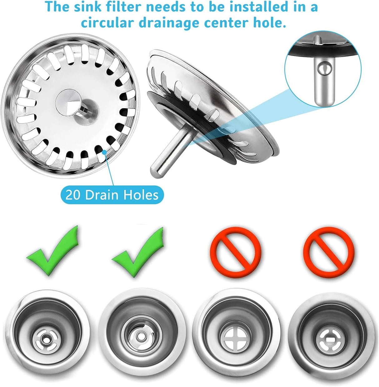2 Pack Kitchen Sink Strainer, Stainless Steel Sink Drain Stopper, 3.15 Inch/8cm Sink Plug