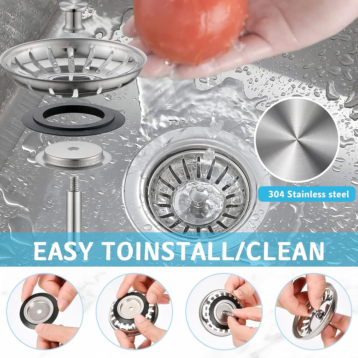2 Pack Kitchen Sink Strainer, Stainless Steel Sink Drain Stopper, 3.15 Inch/8cm Sink Plug
