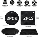 4 Pack Silicone Trivet Mats, Heat Resistant Pot Holders Non-Slip Hot Pads for Kitchen, Silicone Trivets for hot pots 2 Square and 2 Round Mats (Black)