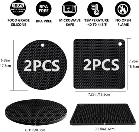 4 Pack Silicone Trivet Mats, Heat Resistant Pot Holders Non-Slip Hot Pads for Kitchen, Silicone Trivets for hot pots 2 Square and 2 Round Mats (Black)