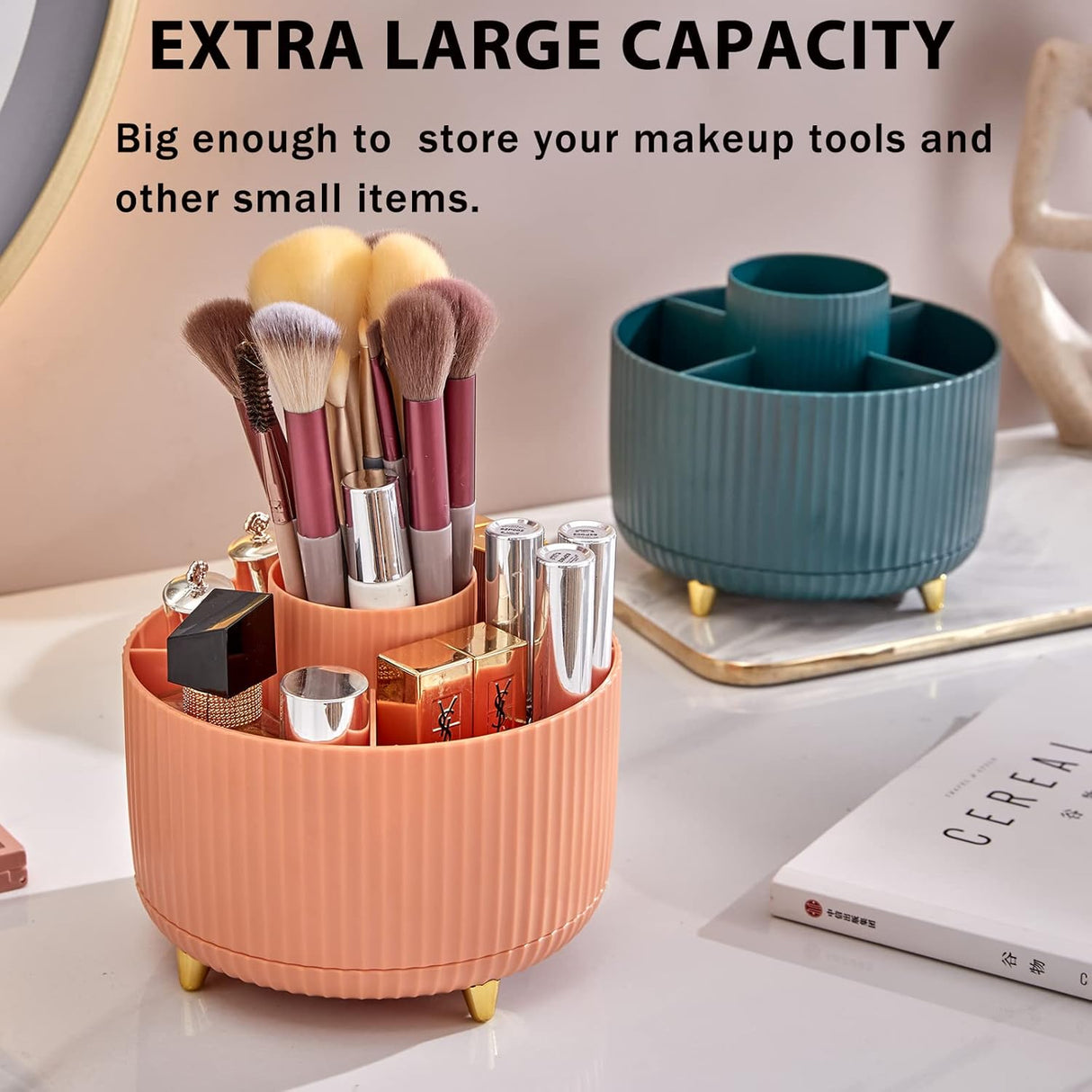 Makeup Brush Holder Organizer,360° Rotating Make up Organizer Storage,5 Slot Makeup Brushes Cup,for Vanity Decor,Bathroom Countertops,Desk Storage Container,Cosmetic Display Cases