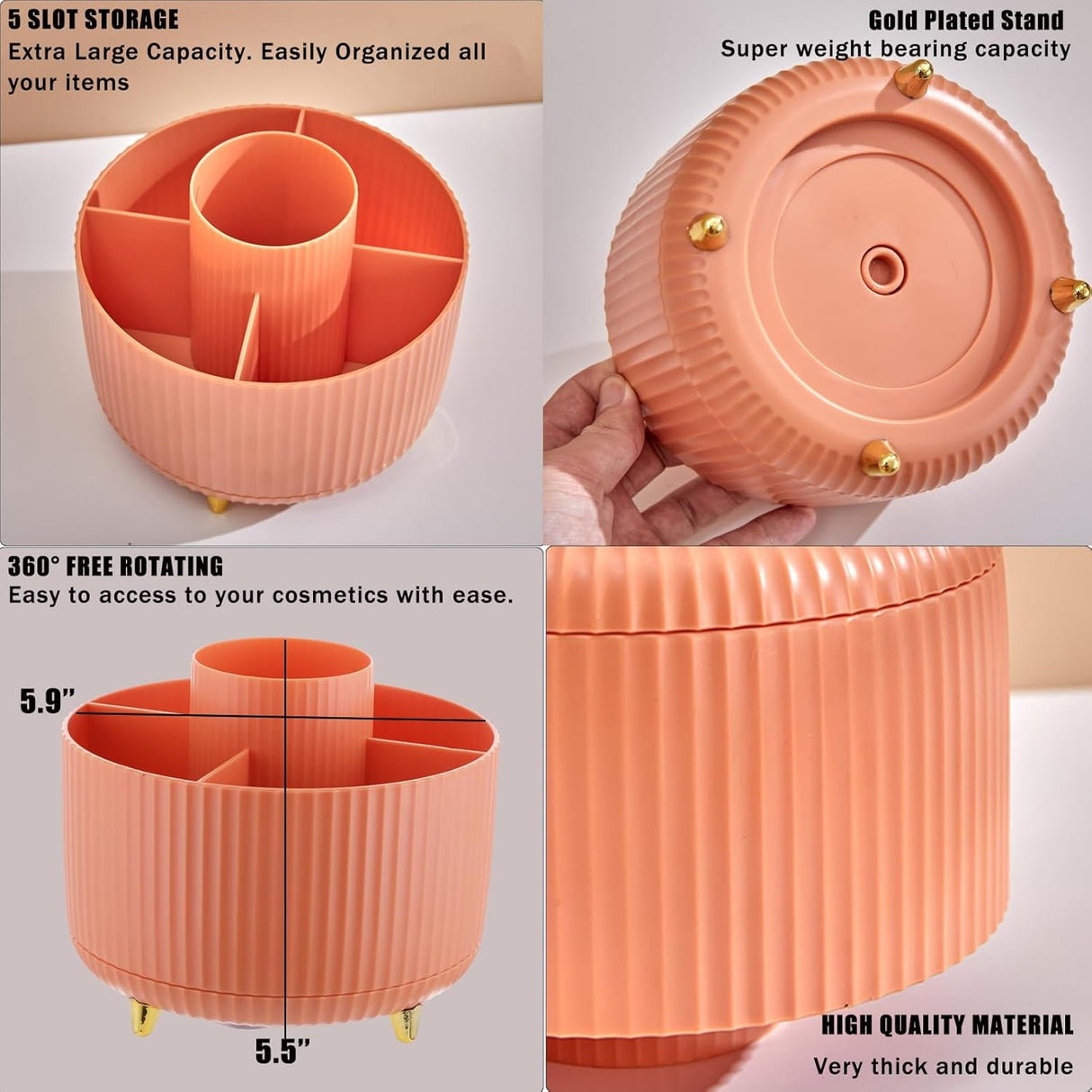 Makeup Brush Holder Organizer,360° Rotating Make up Organizer Storage,5 Slot Makeup Brushes Cup,for Vanity Decor,Bathroom Countertops,Desk Storage Container,Cosmetic Display Cases