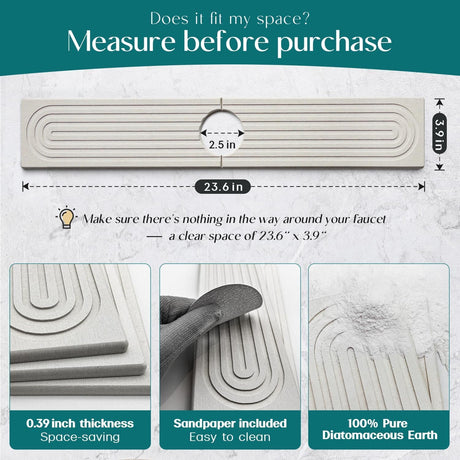 Faucet Mat for Kitchen Sink - 24'' Long Diatomite Fast Drying Stone Sink Tray, Super Absorbent, Prevents Moisture Buildup - Faucet Splash Guard for Bathroom Counter (Light Grey)