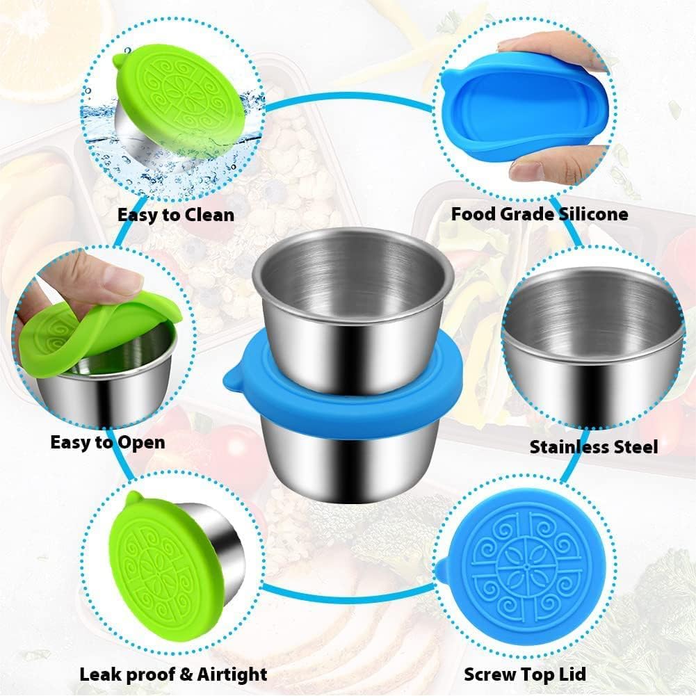 6Pcs Salad Dressing Container Sets,Reusable Salad Container Small Containers with Lids for Lunch Stainless Steel Condiment Cup Leakproof Dipping Sauce Cups 1.7 oz Small Containers for Picnic Travel