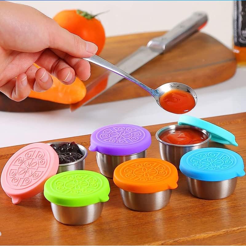 6Pcs Salad Dressing Container Sets,Reusable Salad Container Small Containers with Lids for Lunch Stainless Steel Condiment Cup Leakproof Dipping Sauce Cups 1.7 oz Small Containers for Picnic Travel