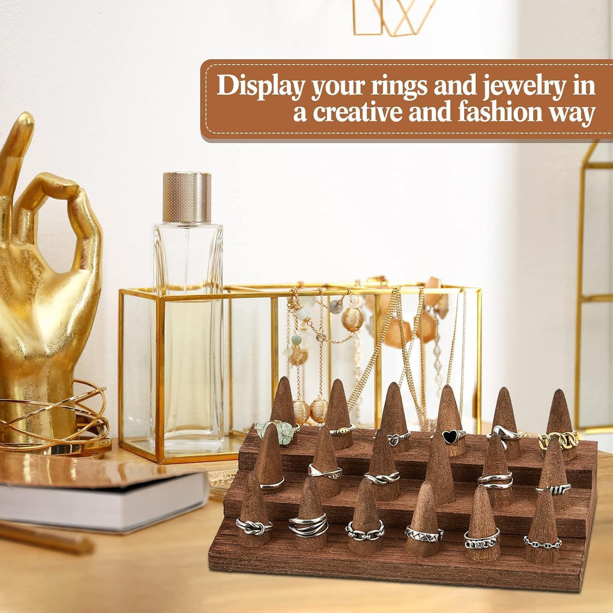 2Pcs Wooden Ring Display Stand, 3 Tier Ring Organizer for 18 Rings Storage Selling, Wood Ring Holder Wooden Ring Organizer, Jewelry Display Holder Showcase for Ring Organizer Jewelry Show Storage