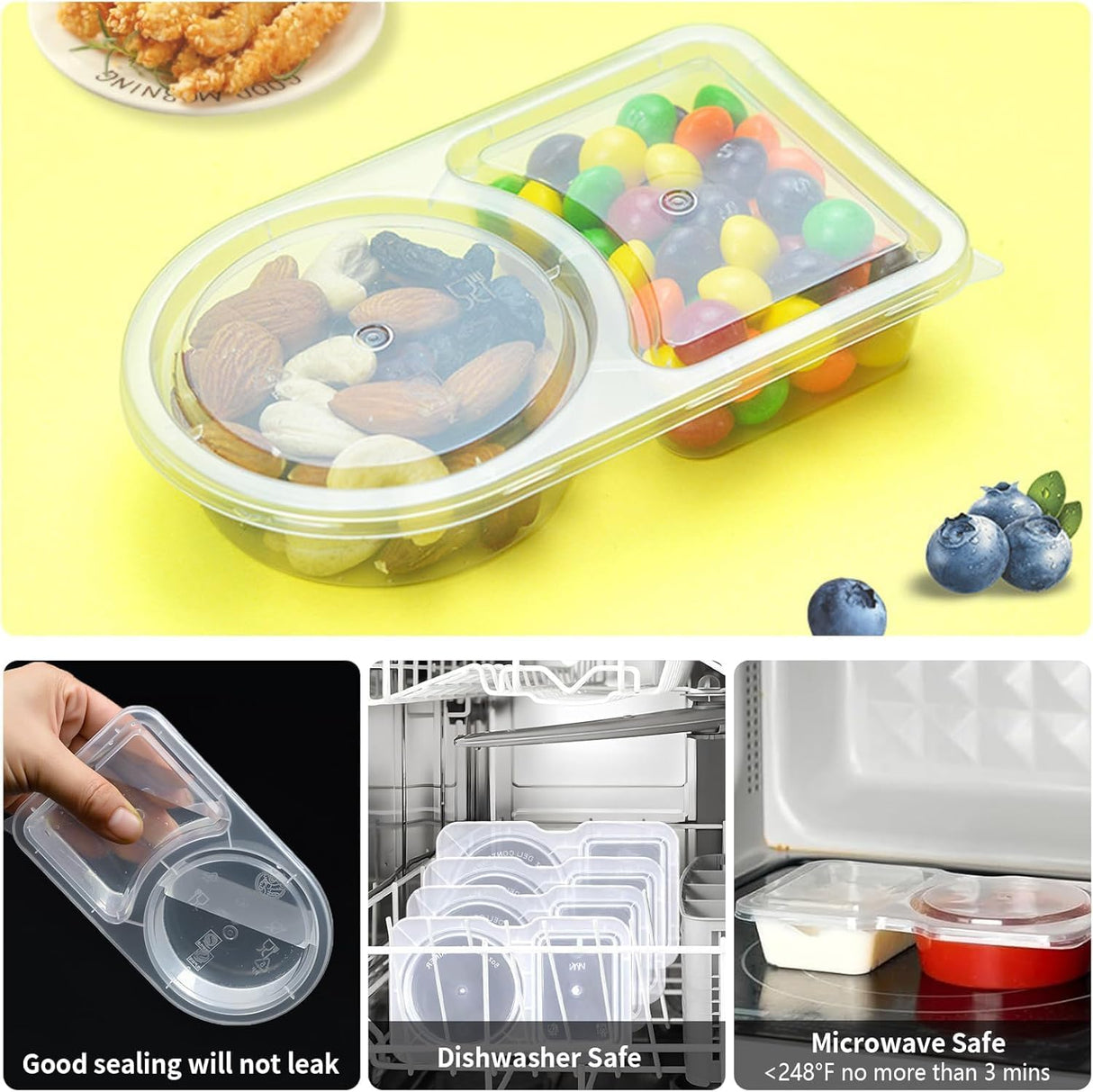 2 Compartment Snack Containers with Lids, Small Reusable Plastic Clear Snack Containers for School, Home, Fridge, Veggie Dip, Lunch, Cheese and Crackers (30)