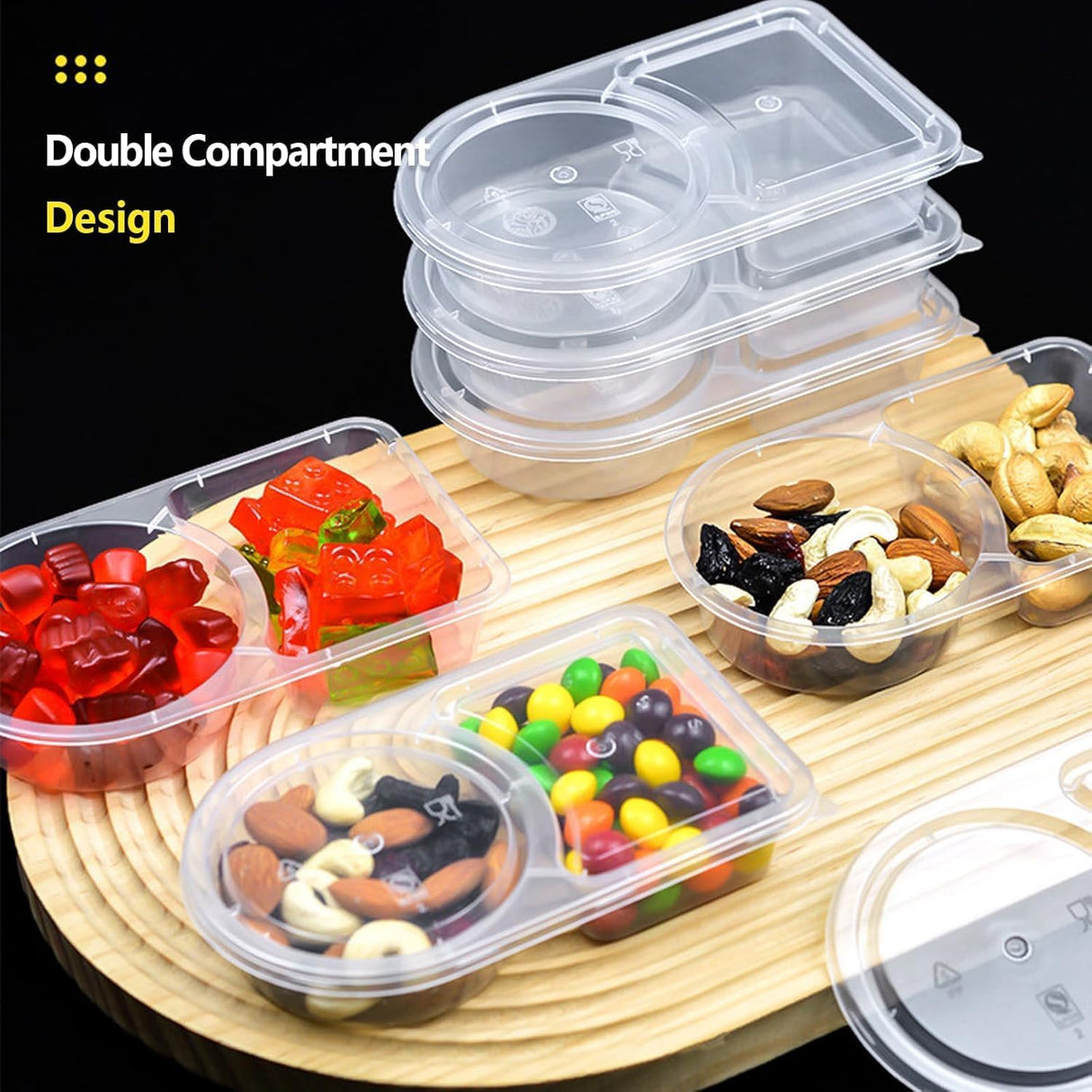 2 Compartment Snack Containers with Lids, Small Reusable Plastic Clear Snack Containers for School, Home, Fridge, Veggie Dip, Lunch, Cheese and Crackers (30)