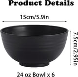 Unbreakable Wheat Straw Cereal Bowls Set of 6, 24 oz Microwave and Dishwasher Safe Lightweight Soup and Salad Bowl Sets, Reusable Dessert Bowls for Rice, Pasta, Snack, Fruit, BPA Free (Black)
