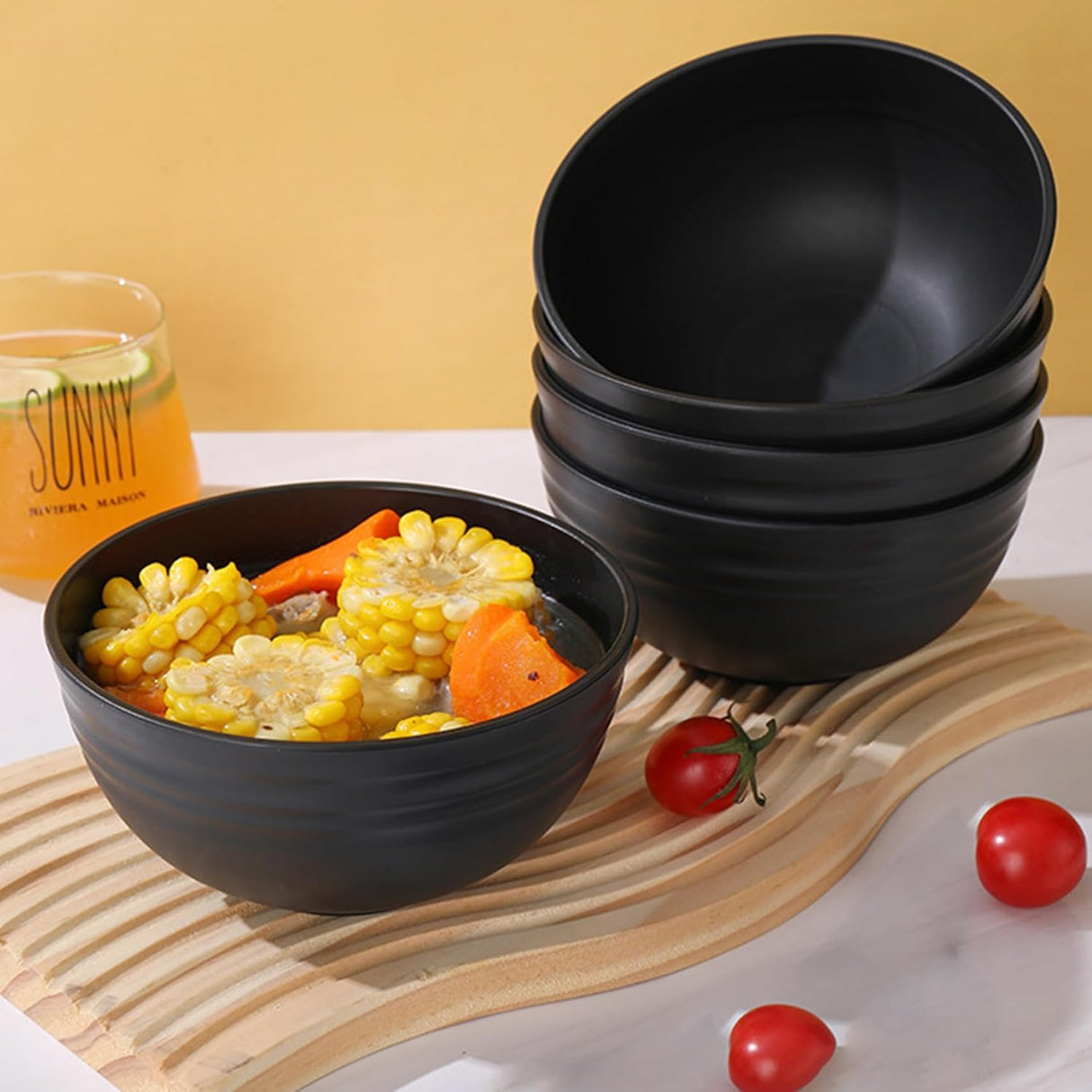 Unbreakable Wheat Straw Cereal Bowls Set of 6, 24 oz Microwave and Dishwasher Safe Lightweight Soup and Salad Bowl Sets, Reusable Dessert Bowls for Rice, Pasta, Snack, Fruit, BPA Free (Black)