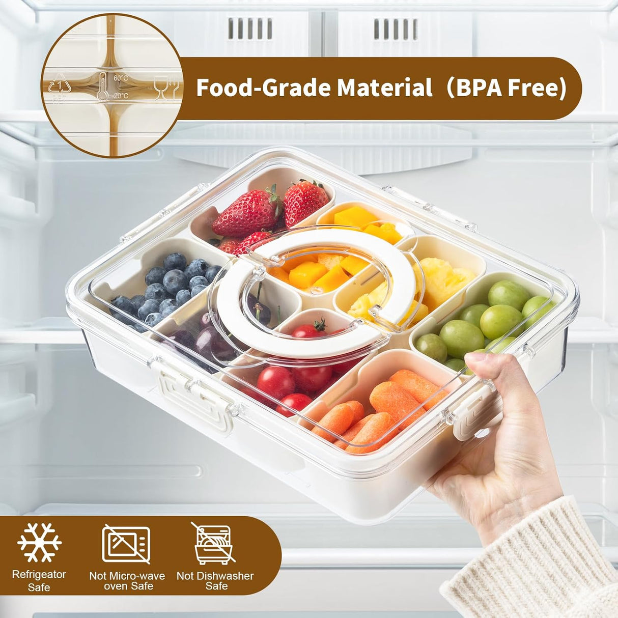 Snackle Box Container,Divided Clear Snack Box Serving Tray with Lid and Handle,8 Compartments Snack Tray,Portable Travel Snack Container,Perfect for Party, Travel, & Picniccnic（1 Pack）