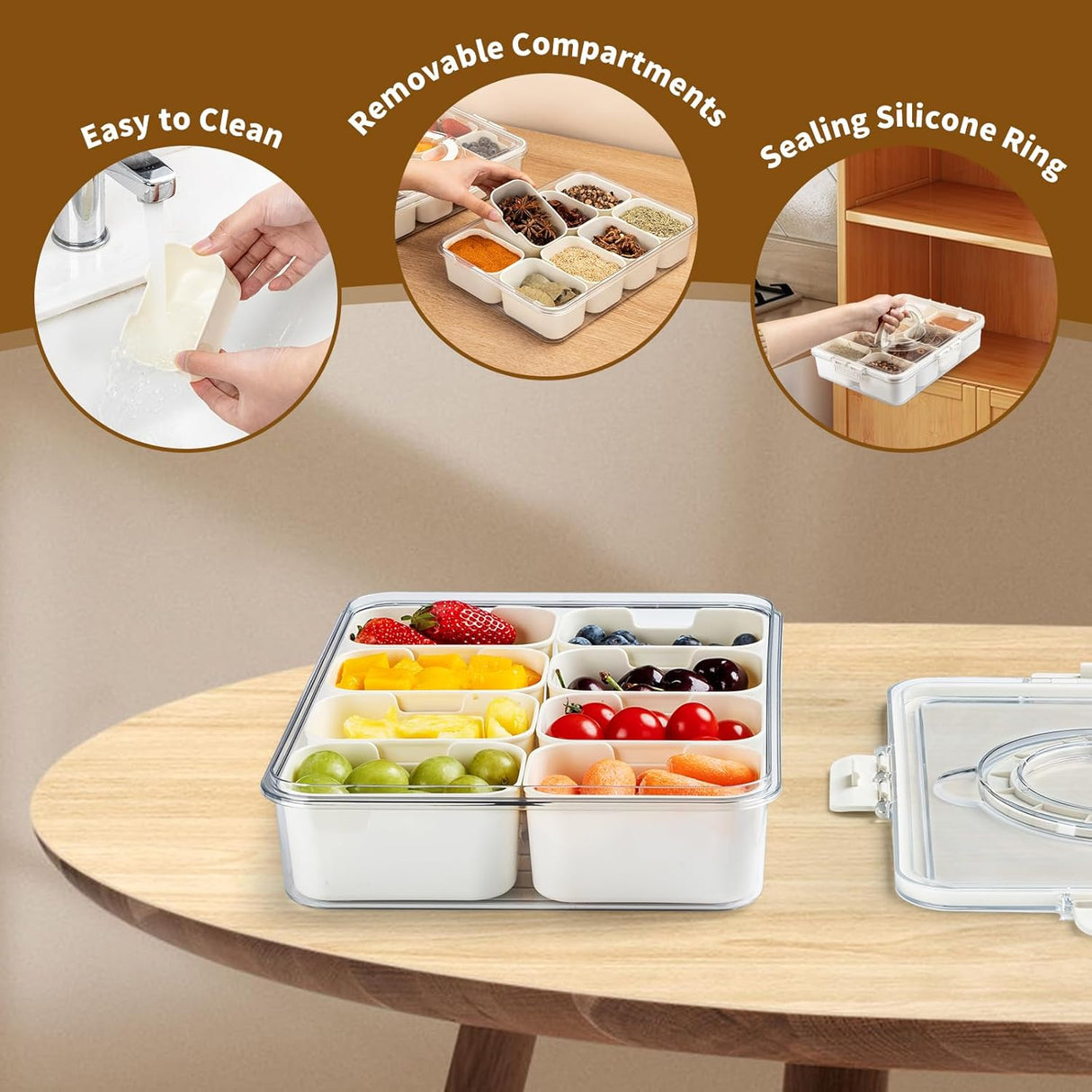 Snackle Box Container,Divided Clear Snack Box Serving Tray with Lid and Handle,8 Compartments Snack Tray,Portable Travel Snack Container,Perfect for Party, Travel, & Picniccnic（1 Pack）