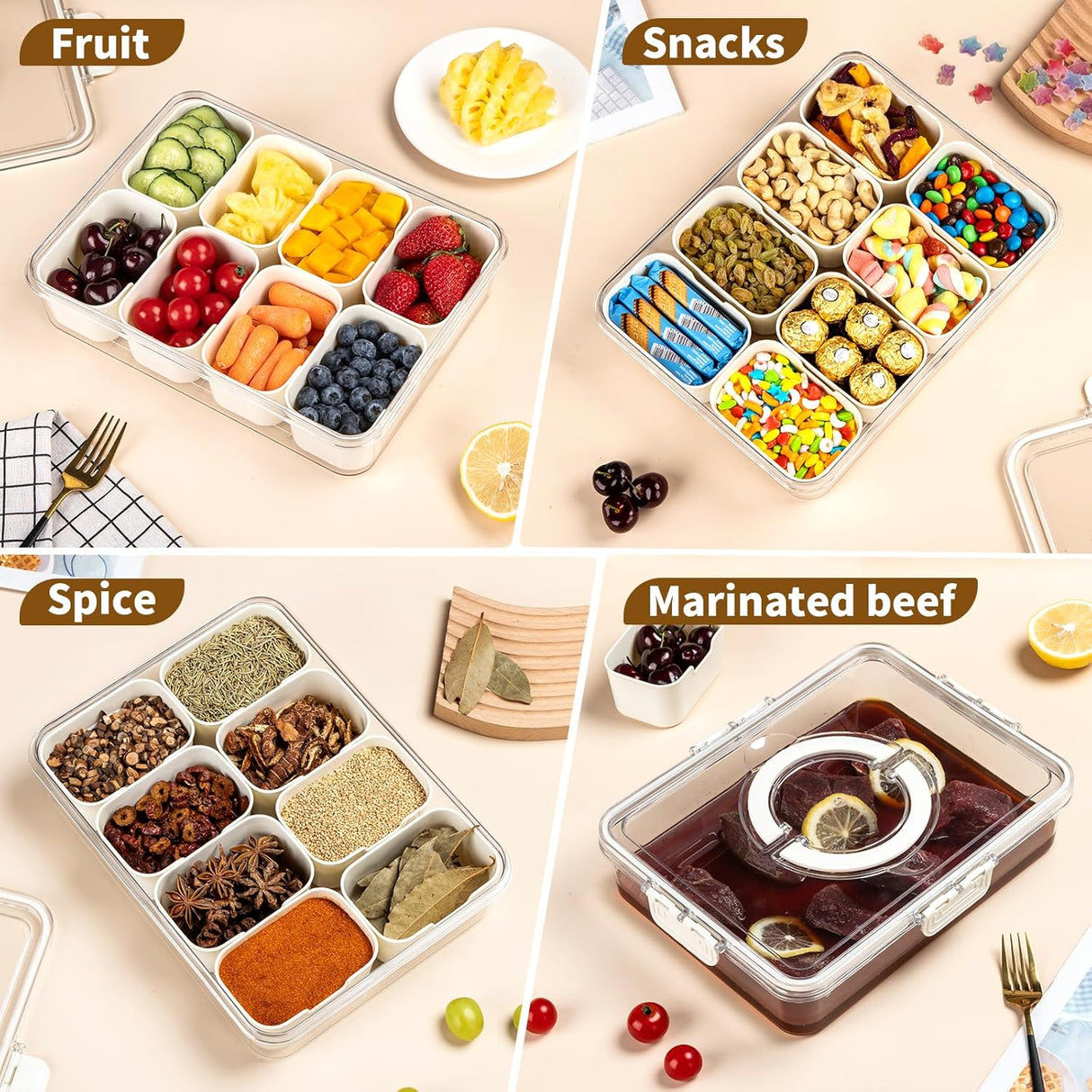 Snackle Box Container,Divided Clear Snack Box Serving Tray with Lid and Handle,8 Compartments Snack Tray,Portable Travel Snack Container,Perfect for Party, Travel, & Picniccnic（1 Pack）