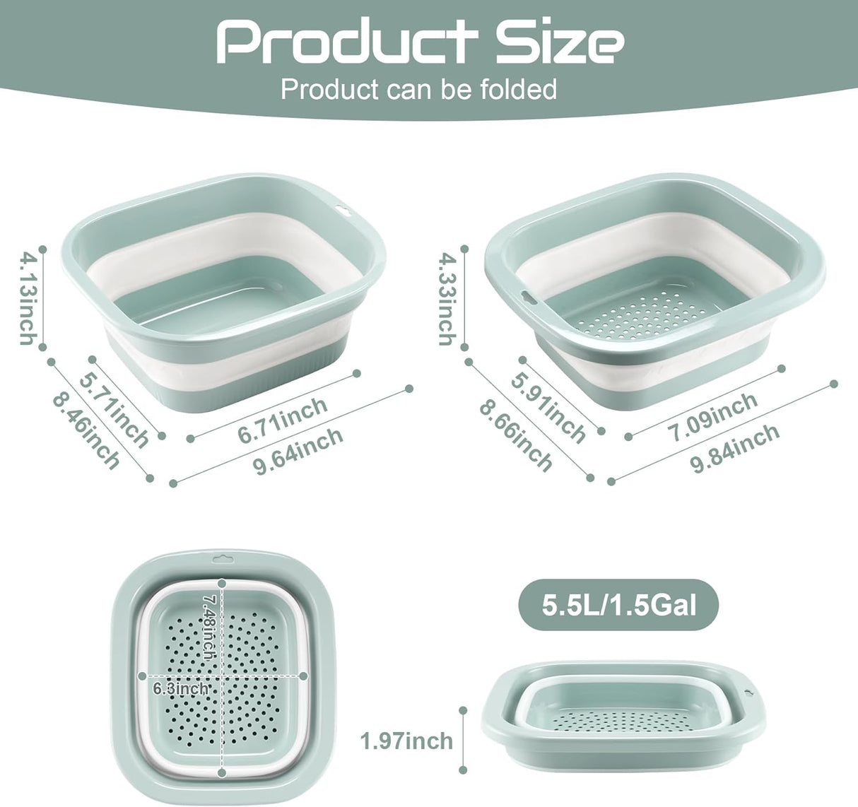 1.5 Gal (5.5L) Collapsible Dish Basin with Drain Basket Colanders, Multiuse Double-Layer Foldable Strainers Sink Tub, Wash Pan, Plastic Tubs, Dishpan, Kitchen Sink, Green -