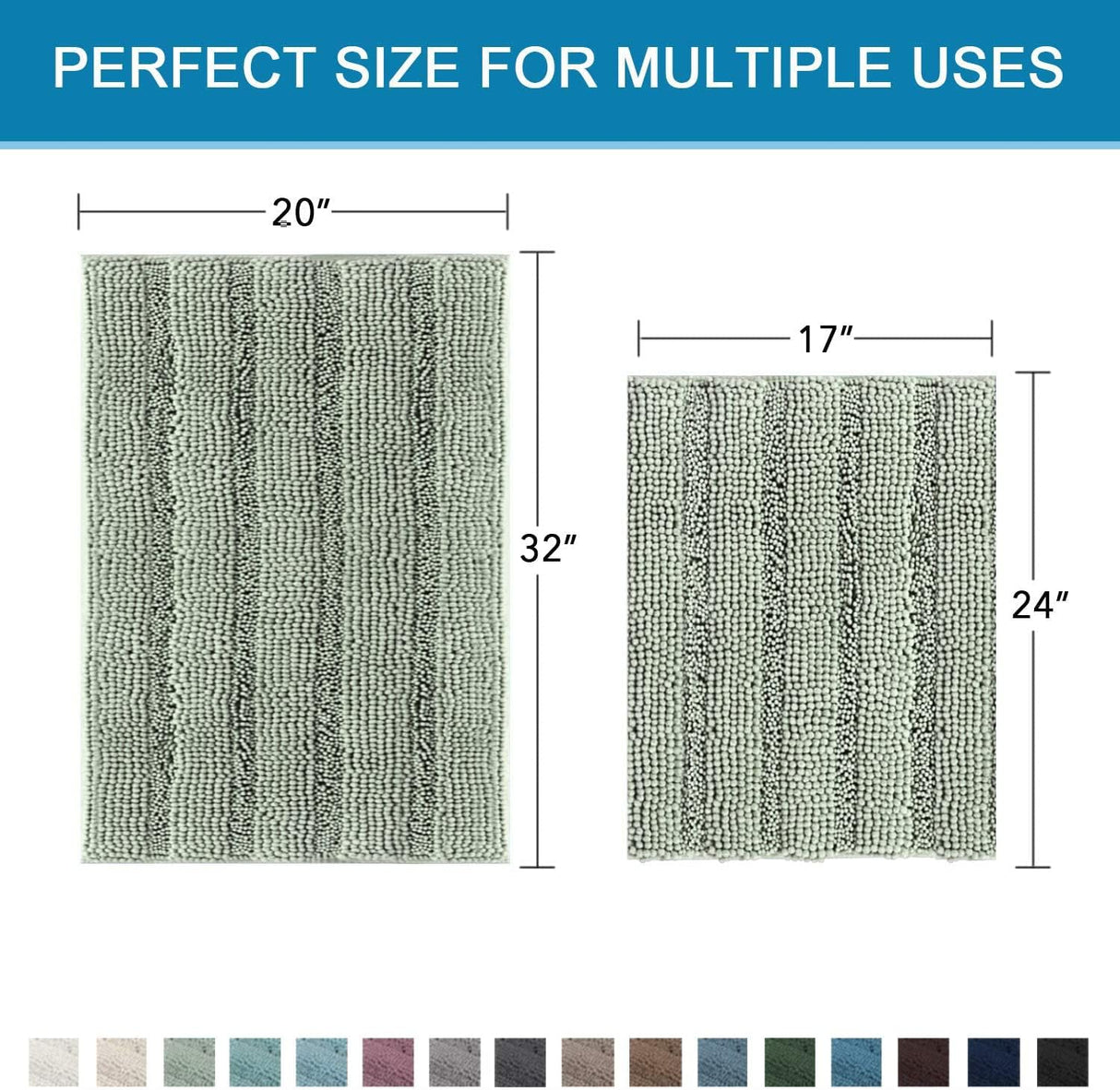 Sage Bathroom Rugs, Bath Mat Set of 2 Extra Thick Chenille Striped Pattern Shaggy Rugs for Room, Non Skid Mats Floor (32 x 20 Plus 24 17 - Inches) 20" 32" 17" 24"