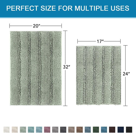 Sage Bathroom Rugs, Bath Mat Set of 2 Extra Thick Chenille Striped Pattern Shaggy Rugs for Room, Non Skid Mats Floor (32 x 20 Plus 24 17 - Inches) 20" 32" 17" 24"