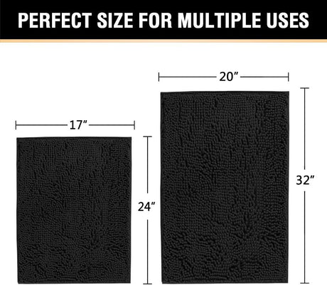 Black Bathroom Rug Set 2 Piece, Bath Mats for Floor, Super Thick Soft Shaggy Chenille Machine Washable, Dry Fast Water Absorbent Mats(20" x 32"/17" 24") 20" 32" Plus 17" 24"