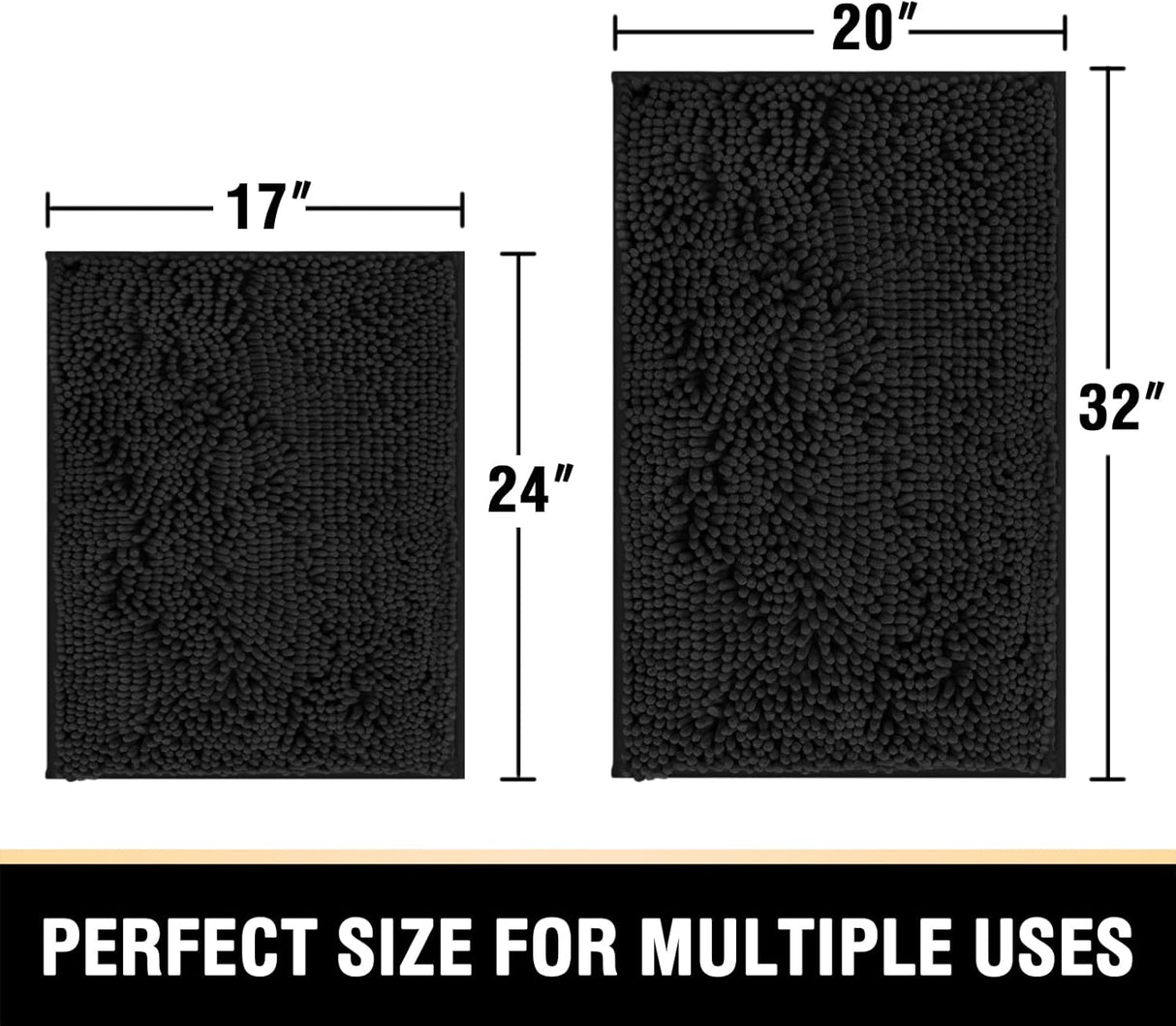 Black Bathroom Rug Set 2 Piece, Bath Mats for Floor, Super Thick Soft Shaggy Chenille Machine Washable, Dry Fast Water Absorbent Mats(20" x 32"/17" 24") 20" 32" Plus 17" 24"