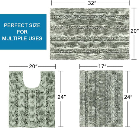 3 Piece Bathroom Rugs Sets Thick Striped Bath Set for Non Slip Soft Absorbent Mat Tub, Shower and Toilet(17''x24''+20''x32''+20''x24'' U-Shaped, Sage) Sage 17" x 24" + 20" 32" U Shape