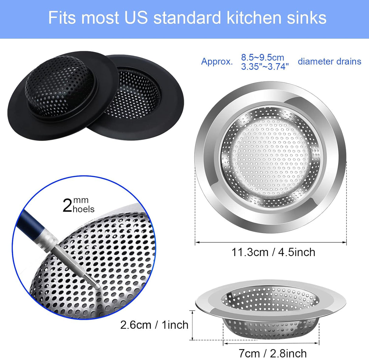 Kitchen Sink Drain Strainer, 4 Pack Stainless Steel and Black Mesh Strainer for with Large Wide Rim 4.5" Diameter, Filter 3" Basket Food Catcher -