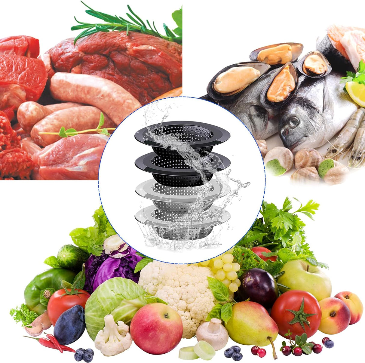 Kitchen Sink Drain Strainer, 4 Pack Stainless Steel and Black Mesh Strainer for with Large Wide Rim 4.5" Diameter, Filter 3" Basket Food Catcher -