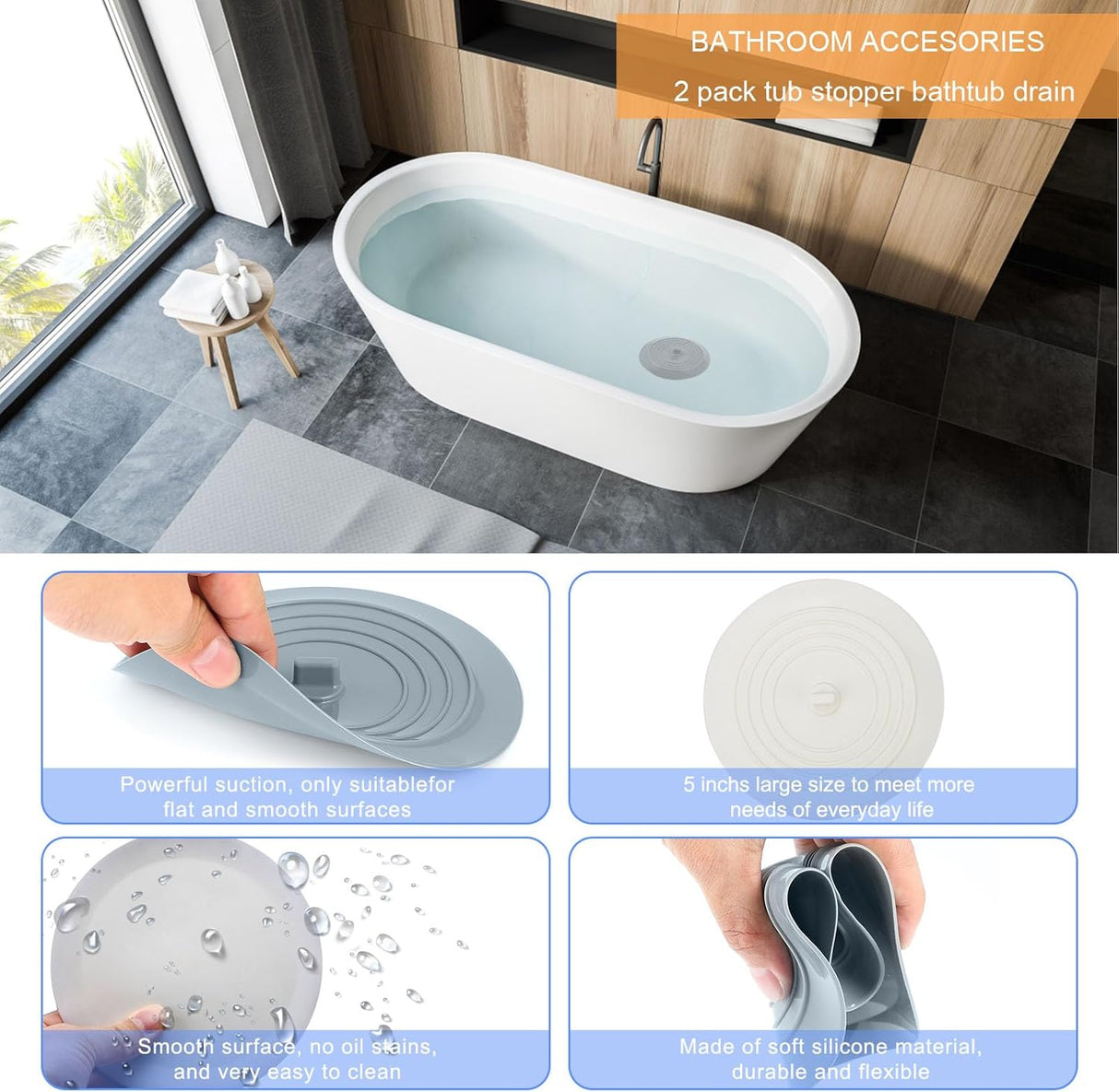 Bathtub Drain Stopper 3 Pack,  5inch Tub Cover, Silicone Bath Plug Essentials Flat Suction for Kitchen Bathroom Laundry Accessories -