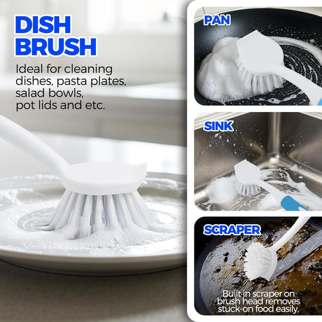 6 Pack Dish Brush Set with Bottle Brush, Scrub Pan and 3 Straw Brushes, Deep Cleaning Handle Scraper Tip for Kitchen Sink Dishes Cup Pot Pans (Blue) -