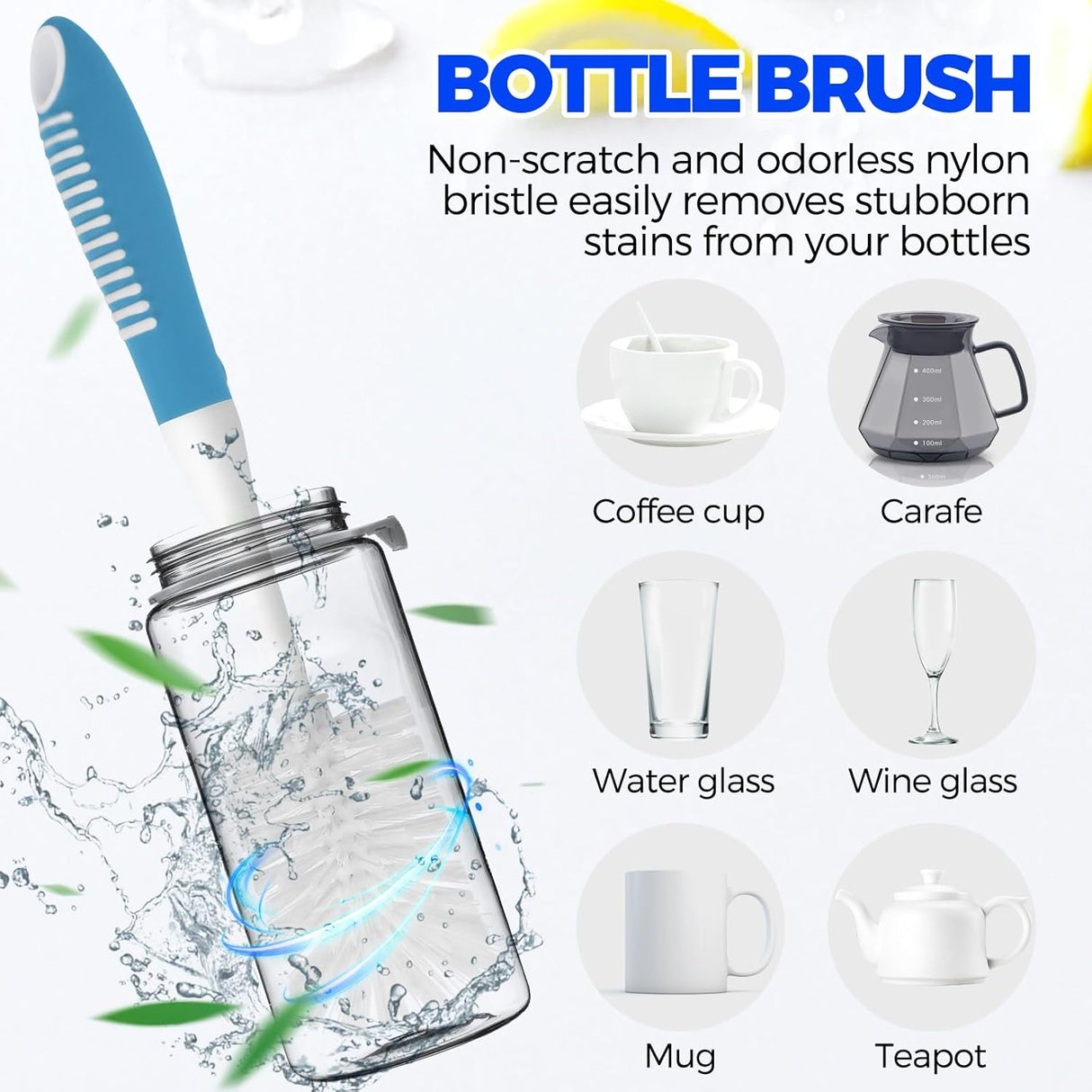 6 Pack Dish Brush Set with Bottle Brush, Scrub Pan and 3 Straw Brushes, Deep Cleaning Handle Scraper Tip for Kitchen Sink Dishes Cup Pot Pans (Blue) -