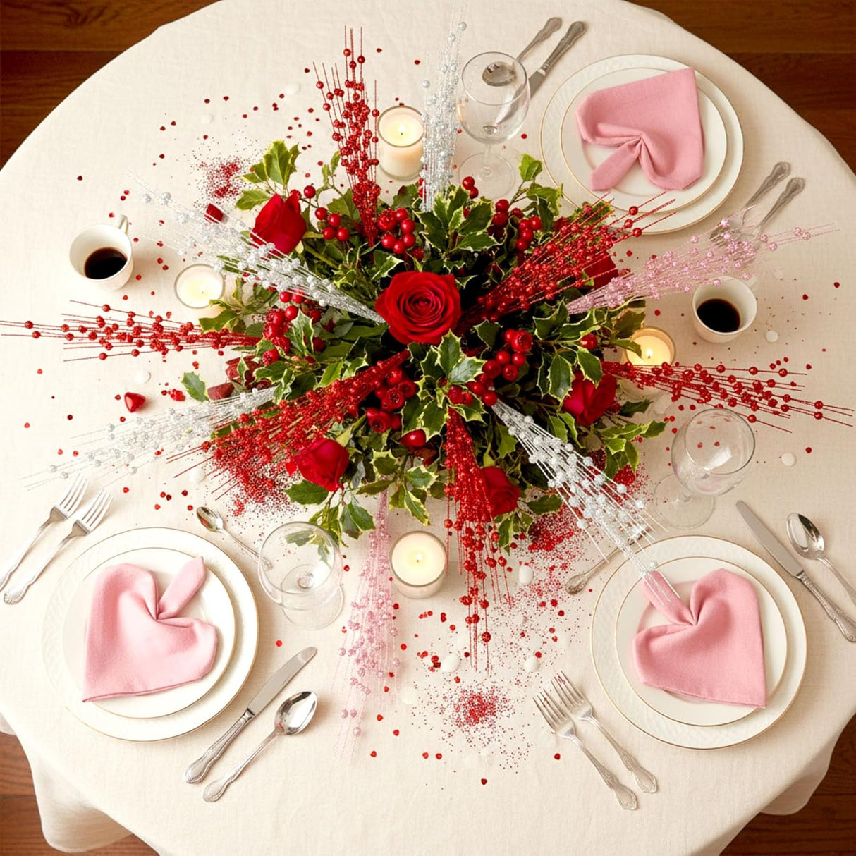 18 Pcs Mother's Day Decoration Valentines Floral Picks Tree Decorations 17 Inch Red and Pink Glitter Berry Spray Christmas Decor for Wreaths Centerpieces Wedding Anniversary -
