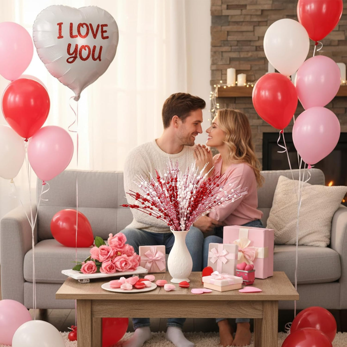 18 Pcs Mother's Day Decoration Valentines Floral Picks Tree Decorations 17 Inch Red and Pink Glitter Berry Spray Christmas Decor for Wreaths Centerpieces Wedding Anniversary -