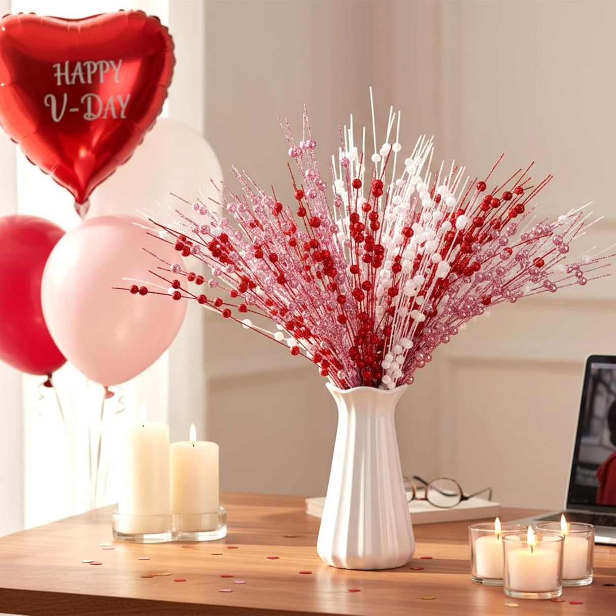 18 Pcs Mother's Day Decoration Valentines Floral Picks Tree Decorations 17 Inch Red and Pink Glitter Berry Spray Christmas Decor for Wreaths Centerpieces Wedding Anniversary -