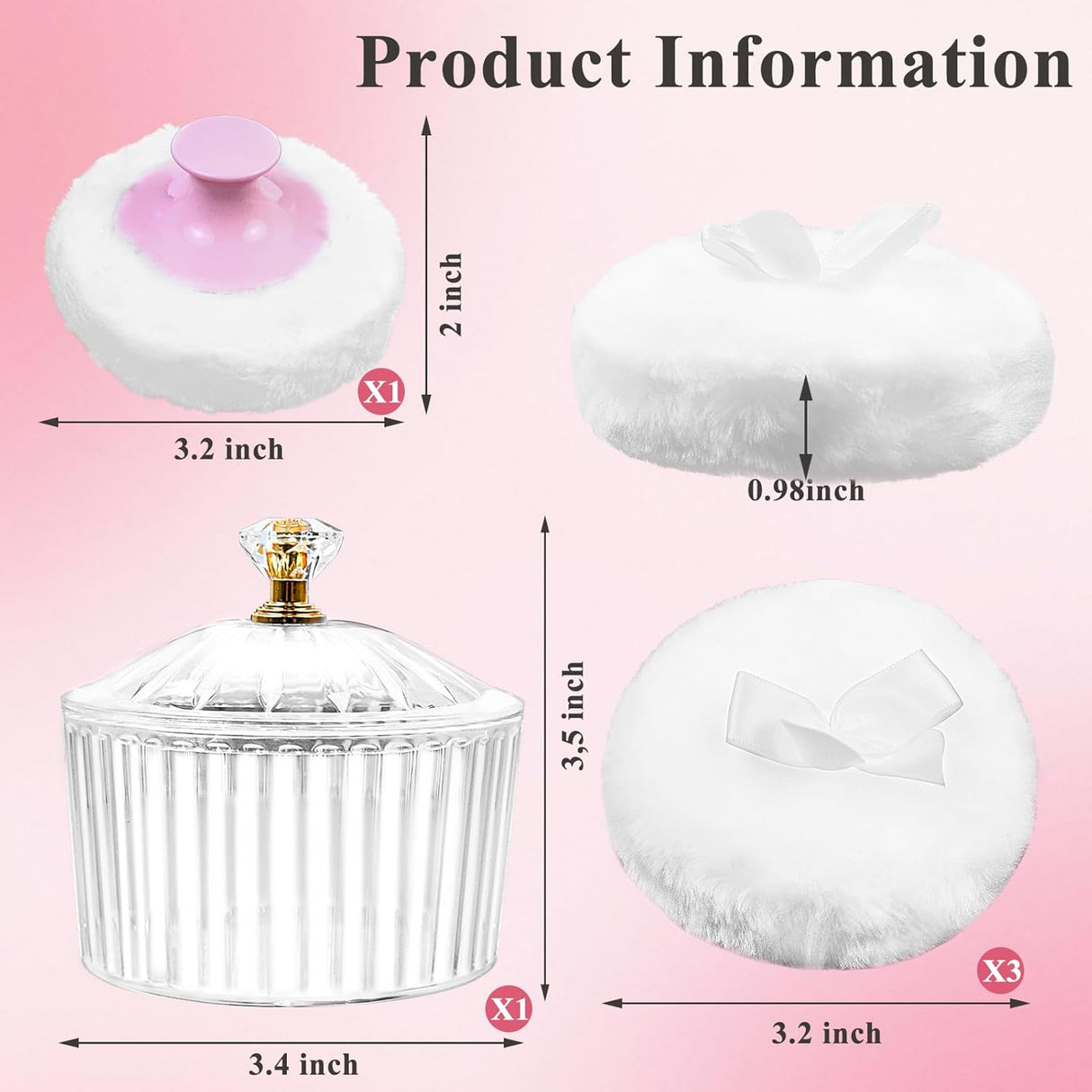 5Pcs Dusting Powder Container with Puff, 3.4 Inch Acrylic Body Containers Large Soft Puff Loose Reusable Applicator for Women Baby Face Makeup White-1 -