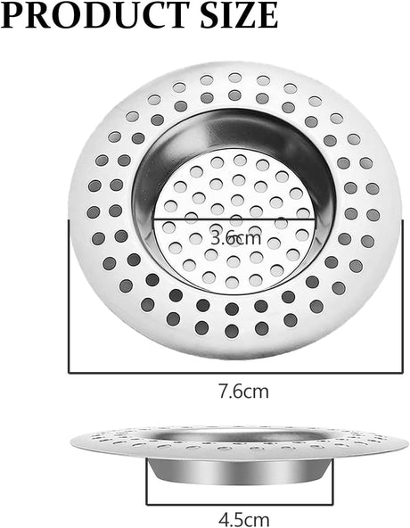 RVS kitchen drain plug - standard drain plug and hair/food catcher for bathroom - kitchen and shower (7.6 cm outer diameter - 4.5 cm inner diameter - 2-pack)