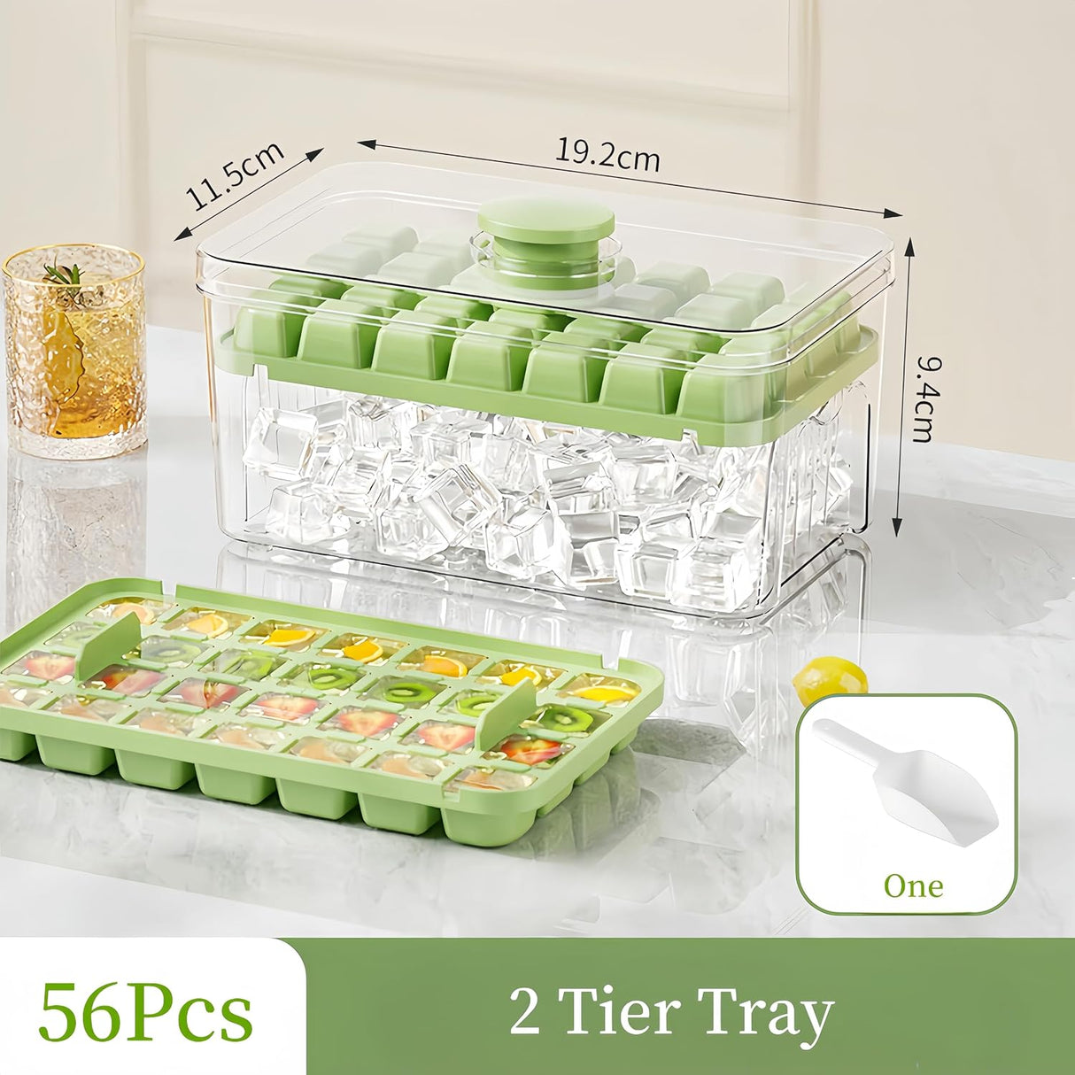 Ice Cube Trays - Ice Cube Tray with Lid and Container - 56 Ice Cube Molds - 2 Containers and Ice Scoop - BPA-free (Green)