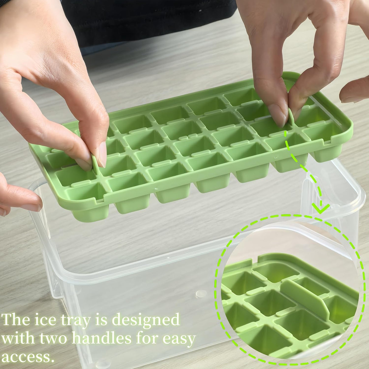Ice Cube Trays - Ice Cube Tray with Lid and Container - 56 Ice Cube Molds - 2 Containers and Ice Scoop - BPA-free (Green)