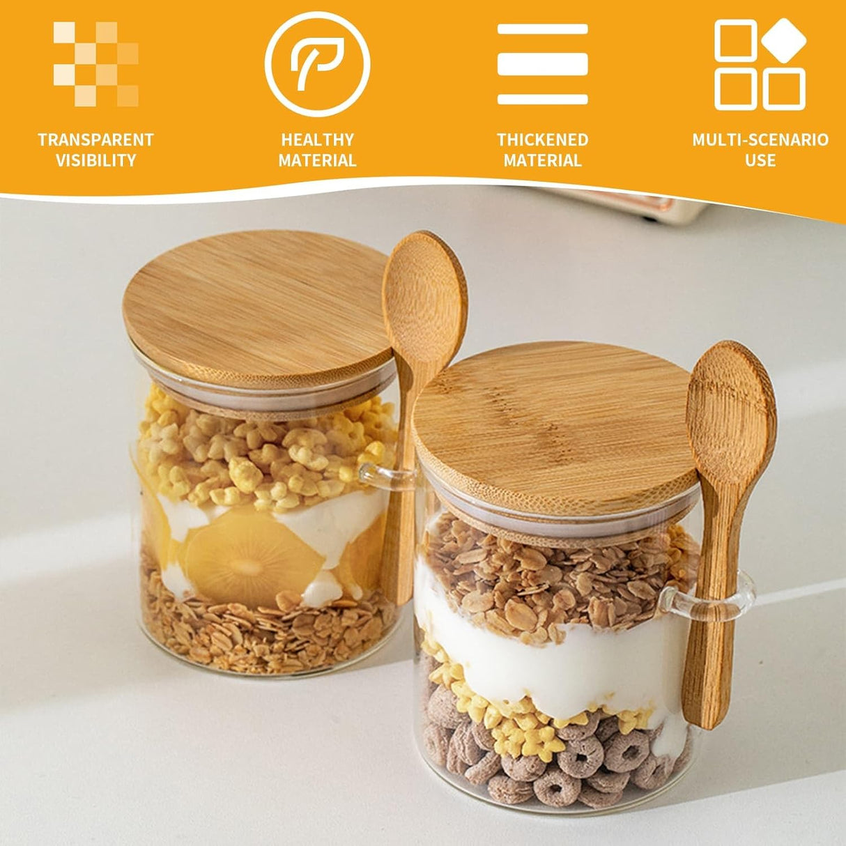 4-pack overnight oats containers with wooden lids and spoons, 473 ml overnight oats jars, glass food containers for oatmeal, chia seed pudding, yoghurt, salad and breakfast cereals